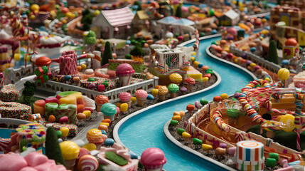 Fototapeta premium A colorful miniature candy town with a winding blue river, featuring various sweets as buildings, trees, and decorations.