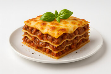 Cheesy lasagna slice on white background