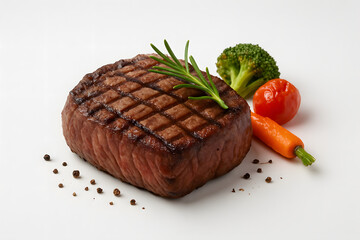 Grilled beef steak with vegetables on white background