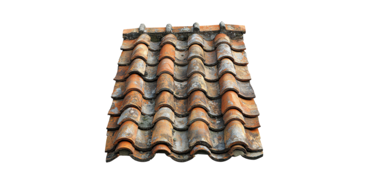 Weathered Clay Roof Tiles. Rustic Architecture And Building Materials Isolated On Transparent Background