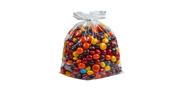 Bag Of Colorful Candy-Coated Chocolates. Sweet Treats In Packaging Isolated On Transparent Background