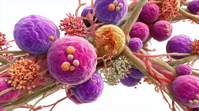 Highly detailed medical illustration of the human immune system, showing white blood cells attacking pathogens, lymph nodes, and blood vessels