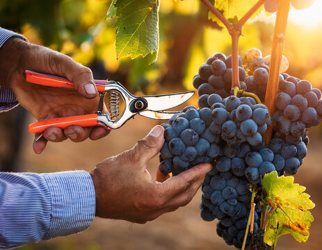 Manos de un agricultor en el campo cortando un racimo de uvas maduras en el vi&ntilde;edo con luz de atardecer
