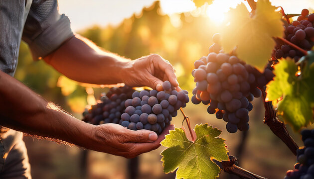 Manos de un agricultor vendimiando en el campo con un racimo de uvas maduras en un vi&ntilde;edo con luz de atardecer durante la vendimia