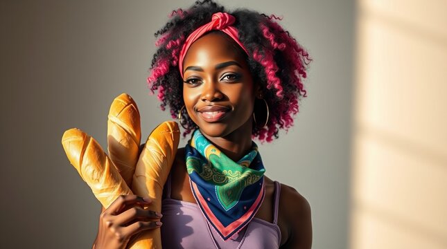 cute african woman with curly hair holding fresh baguette - Powered by Adobe