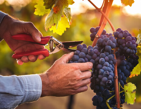 Manos de un agricultor en el campo cortando un racimo de uvas maduras en el vi&ntilde;edo con luz de atardecer