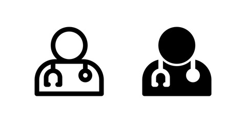Doctor Icon Set. A black glyph and outline icon of a doctor, representing medical professionals.