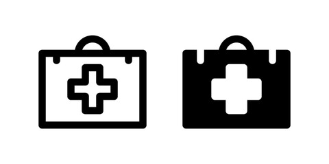 First Aid Kit Icon Set. A black glyph and outline icon of a first aid kit, representing emergency medical supplies.