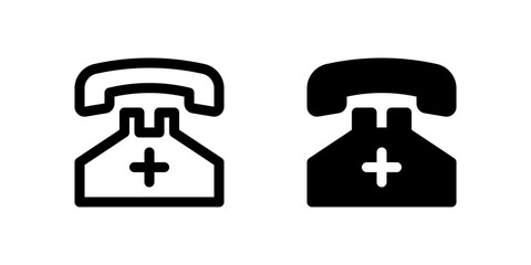 Emergency Call Icon Set. A black glyph and outline icon of a phone with a cross, indicating emergency contact.