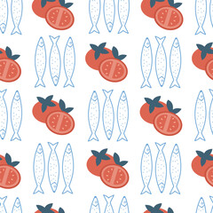 cute hand drawn summertime seamless vector pattern background illustration with red tomatoes and blue sardine