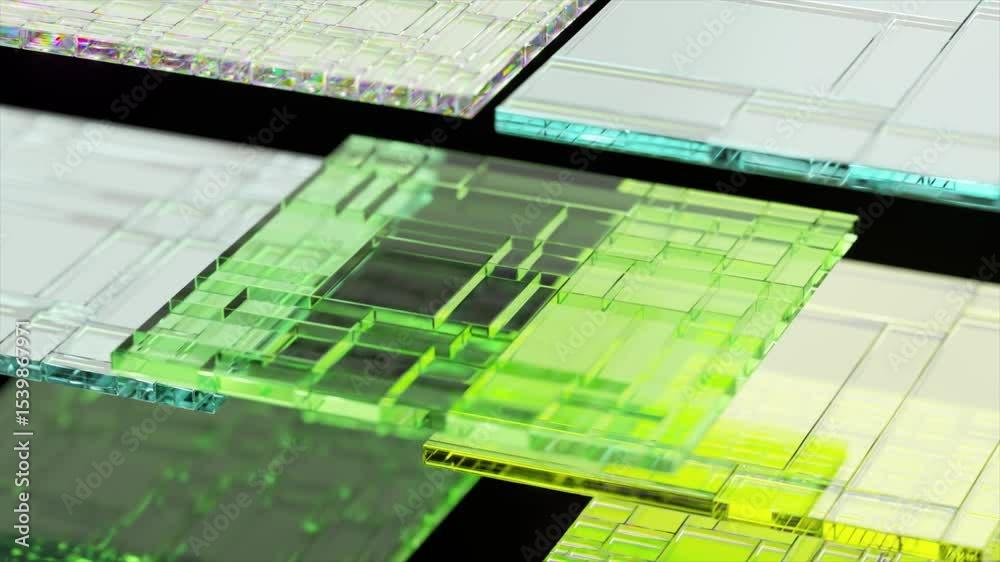 Poster green circuit board is rotating on multiple glass layers, creating an abstract technological backgro