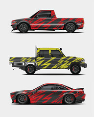 Three Custom Designed Vehicles with Abstract Red and Yellow Wraps