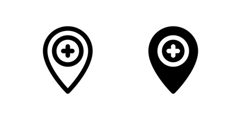 Healthcare Location Icon Set. A black glyph and outline icon of a location pin with a cross, indicating medical facilities.