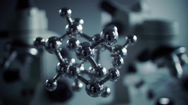 Close up of a metal molecule model with spheres and rods in a laboratory setting with microscopes