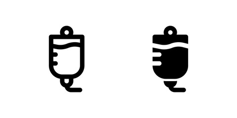 Serum Icon Set. A black glyph and outline icon of a serum bag, representing medical treatment.