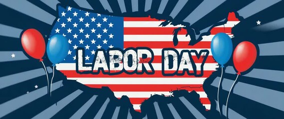 Labor Day Celebration USA Flag Map Balloons Festive Holiday Graphic - Powered by Adobe
