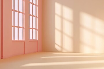 Obraz premium Elegant Soft Pastel Interior Scene of an Empty Room with Ample Lighting and Architectural Simplicity