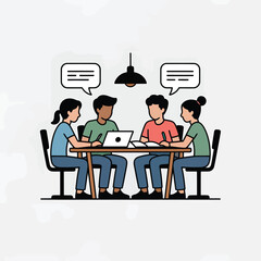Team of four individuals collaborating around a table with speech bubbles and a laptop for discussion and project planning
