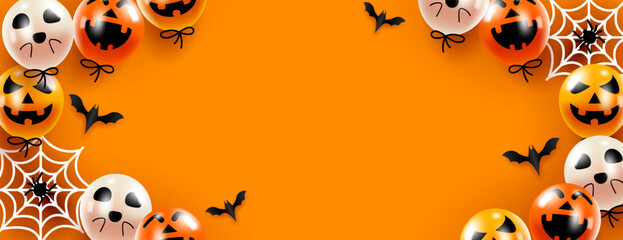 Halloween background with balloons bats  spiders and space for text, suitable for festive designs, invitations, posters, and social media posts.