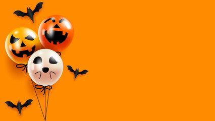 Three Halloween balloons with bats float and space for text on orange background; suitable for festive designs, invitations, posters, and social media posts.