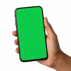 Close-Up of Dark-Skinned Woman’s Hand Holding Vertical Smartphone with Green Screen on Bright Background