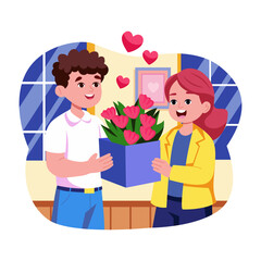 A flat style illustration showing a person giving valentine flowers