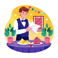 A flat style illustration showing dinning service