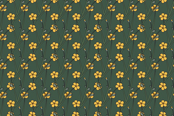 Botanical floral seamless pattern vector illustration. Repeating wildflowers meadow plant whit yellow flowers in pastel green background. Graphic design for Fashion Wedding Textile Greeting Card Cover
