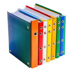 Colorful binders in row on transparent background.