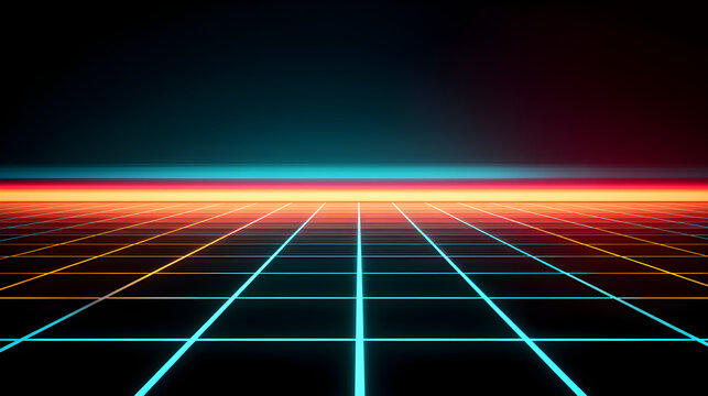 A digital grid with glowing neon lines stretches toward a horizon of vibrant blue and red light against a dark background, evoking a retro-futuristic or cyber landscape.
