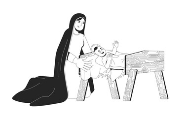 Mary kneeling beside baby Jesus swaddled in straw manger 2D line bible characters. Maternal care. Christ birth. Nativity mother isolated vector ink outline people. Monochromatic spot illustration