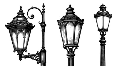 Antique streetlamps in a detailed ink drawing style, black and white