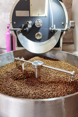 Freshly roasted coffee beans are cooling