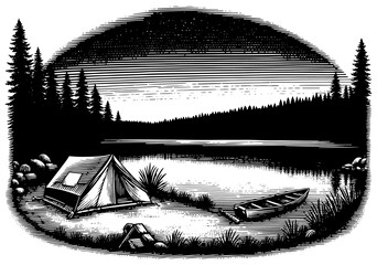 Lakeside scene, camping tent, boat. Black and white woodcut style
