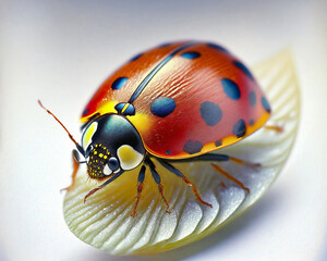 Ultra detailed ladybug on white background, sitting on leaf. Vivid colors, realistic macro illustration. Ideal for nature, science, educational, print and editorial uses.