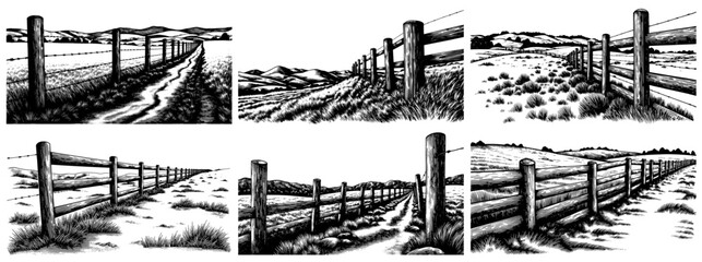 Views of a rural fence in a detailed woodcut style, in black and white,countryside.