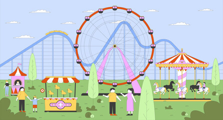 Funfair amusement park flat illustration. Fairground attractions. Carnival rides, rollercoaster, ferris wheel. Visitors with children 2D characters cartoon background. Colorful scene vector art image