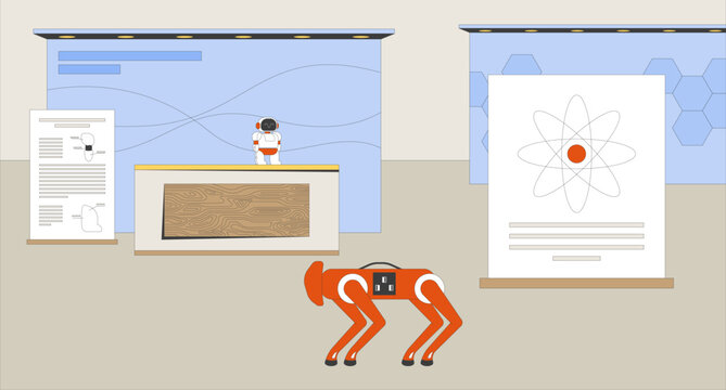 Empty robotics and technology science exhibition flat illustration background. Robots expo hall. Trade show. STEM fair display, educational booths 2D cartoon backdrop. Colorful scene vector art image