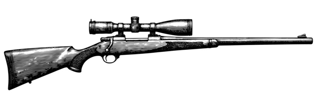 A scoped rifle in a detailed woodcut style, in black and white