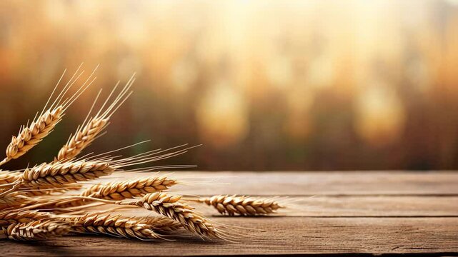 Spikelets of wheat against the background of a field on the table. Selective focus. Food.