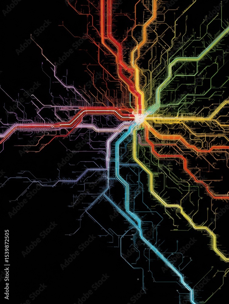 Aufkleber Nervous System Represented as a Colorful Subway Map Design Featuring Vibrant Lines and Nodes Interconnected in a Stunning Visual Display