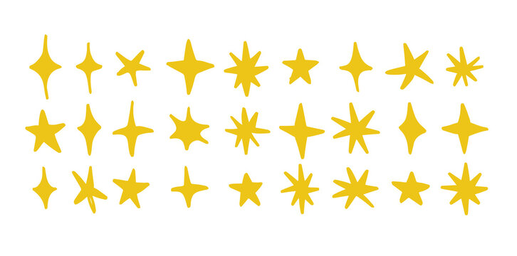 Naklejki gold stars set. Shine and sparkle hand drawn, drawing collection. Children style yellow hand drawn elements star shapes.