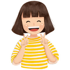 happy little girl with peace hand gesture