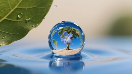 A water droplet containing a miniature tree and flower, resting on a reflective surface beside a green leaf.