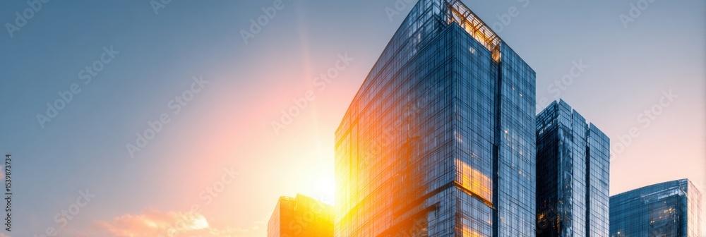 Poster modern skyscraper reflects golden sunlight against a clear sky with expansive copy space ideal for t