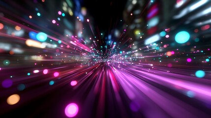 Dynamic light bursts create vibrant energy in an abstract cityscape at night, showcasing a colorful exploration of patterns and movement