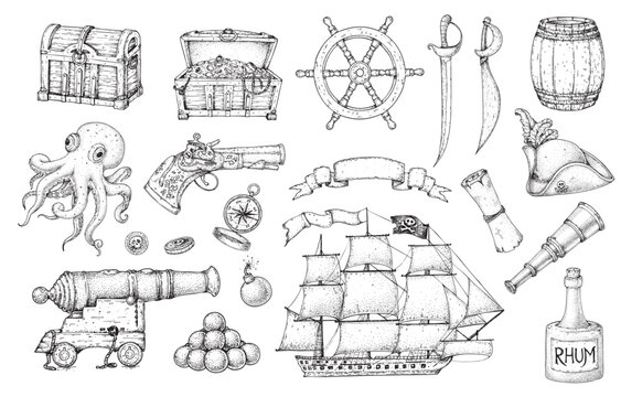 Pirate adventure collection. Hand drawn vector illustration. Sea design template. Sketch elements for pirate-marine theme design. Pirate attributes.