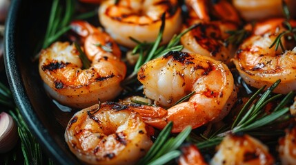 Grilled shrimp seasoned with rosemary in pan, close-up