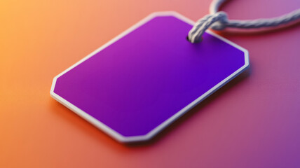 Purple tag with rope on orange gradient background.