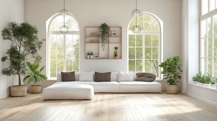 Fototapeta premium Minimalist living room with white walls and wooden floor, bathed in soft natural light. Serene simplicity in a spacious modern interior.